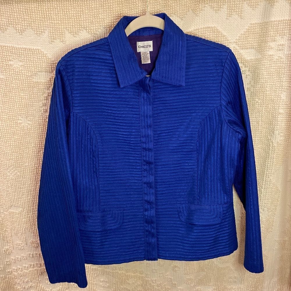 Chicos Textured Blue Button Jacket Sz 1